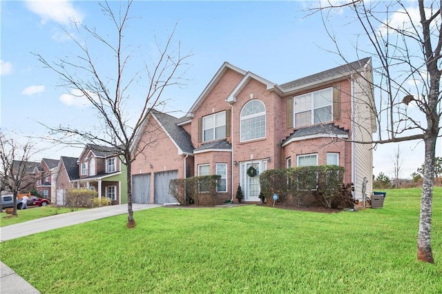 front facade with central AC, a front lawn, and a garage