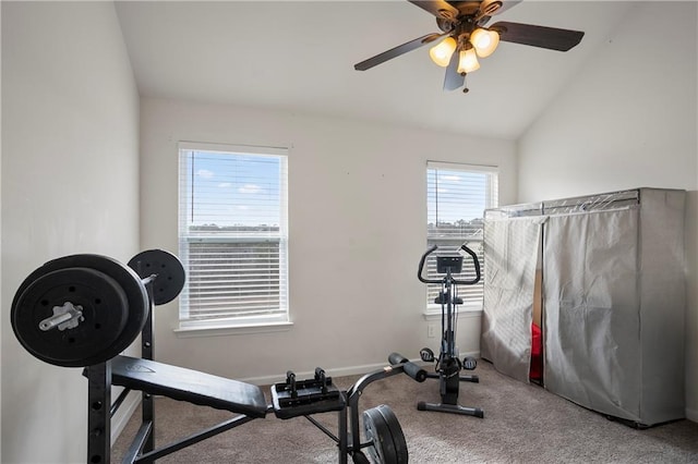 workout room featuring ceiling fan, carpet, and lofted ceiling