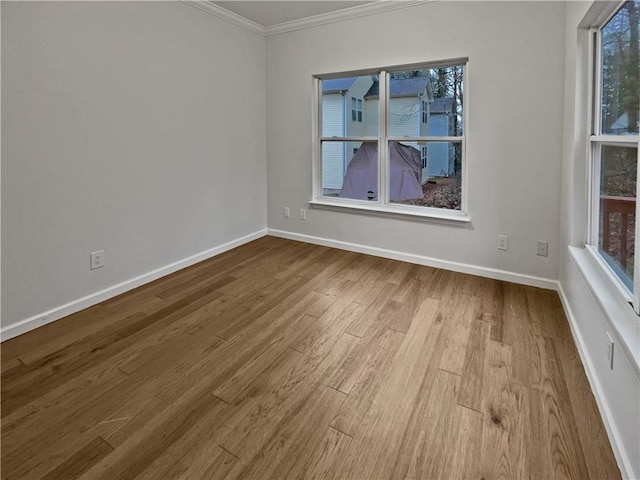 spare room featuring wood finished floors, baseboards, a wealth of natural light, and ornamental molding