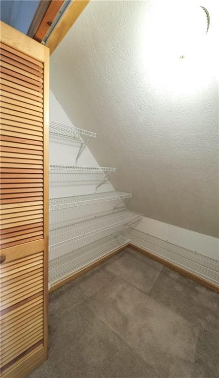 interior space with vaulted ceiling, a textured ceiling, and carpet