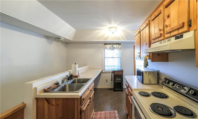 kitchen featuring range with electric stovetop, light countertops, a sink, black microwave, and under cabinet range hood