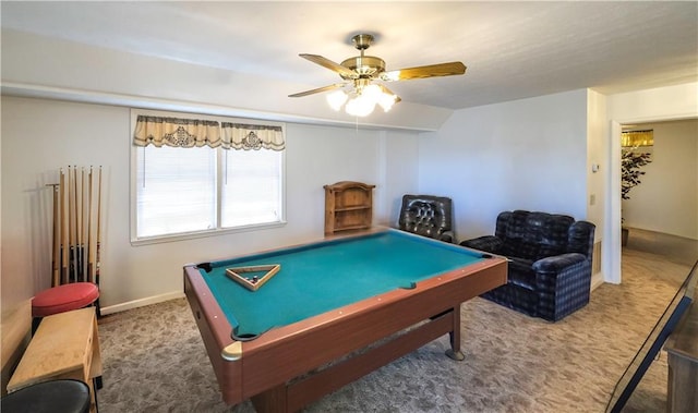 playroom featuring ceiling fan, baseboards, carpet flooring, and pool table