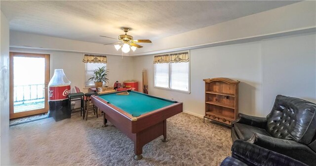 game room featuring billiards, ceiling fan, and carpet flooring