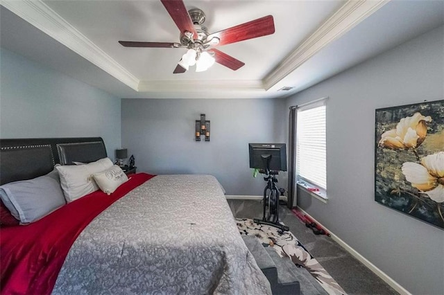 7835 Keepsake Ln, Flowery Branch, GA 30542 - carpeted bedroom with a raised ceiling, ornamental molding, baseboards, and ceiling fan