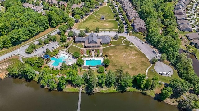 7835 Keepsake Ln, Flowery Branch, GA 30542 - aerial view of property and surrounding area with a pool, nearby suburban area, and a large body of water