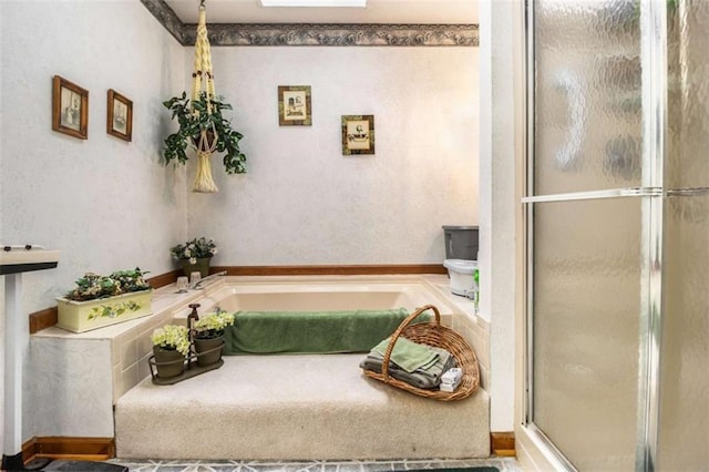 bathroom with a skylight and separate shower and tub