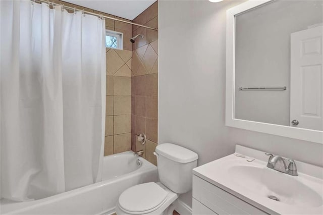 full bathroom with toilet, vanity, and shower / bathtub combination with curtain