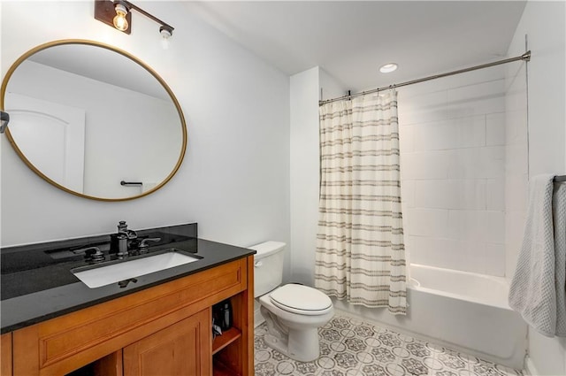 full bathroom with vanity, toilet, shower / bath combo, and tile patterned flooring