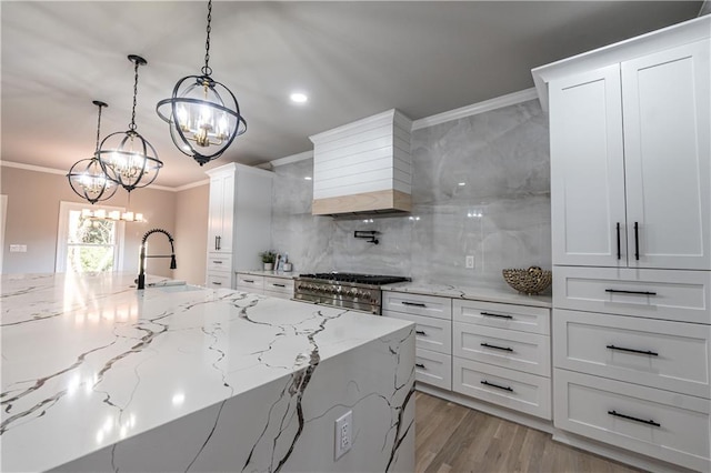 kitchen with premium range hood, a sink, range, tasteful backsplash, and crown molding