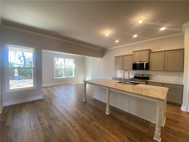 kitchen featuring sink, appliances with stainless steel finishes, light stone counters, an island with sink, and dark hardwood / wood-style flooring