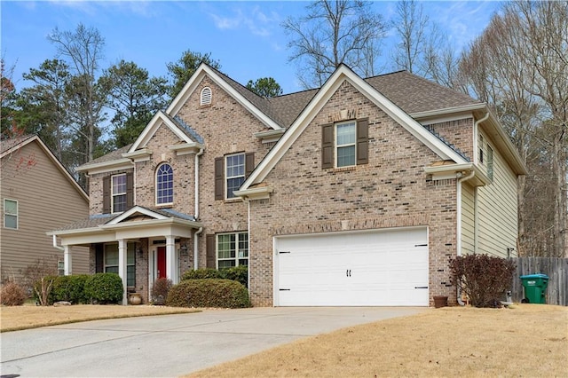 view of front of house featuring brick siding, concrete driveway, a garage, and fence