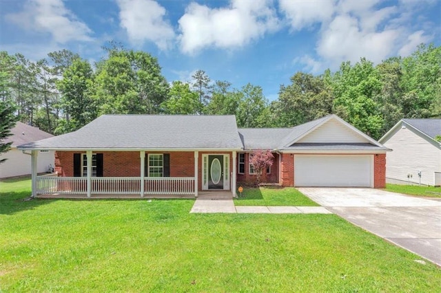 5514 E Stoneway Ct, Villa Rica, GA 30180 - ranch-style home featuring an attached garage, brick siding, concrete driveway, a porch, and a front lawn
