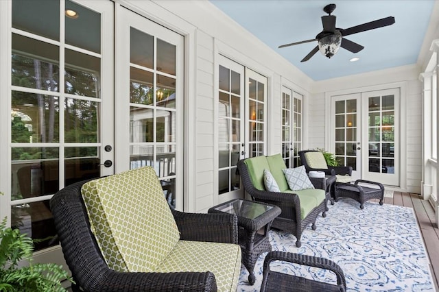 6440 Westchester Pl, Cumming, GA 30040 - sunroom / solarium with french doors, a ceiling fan, and an outdoor hangout area