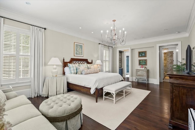 6440 Westchester Pl, Cumming, GA 30040 - bedroom featuring a chandelier, dark wood-style flooring, baseboards, crown molding, and recessed lighting