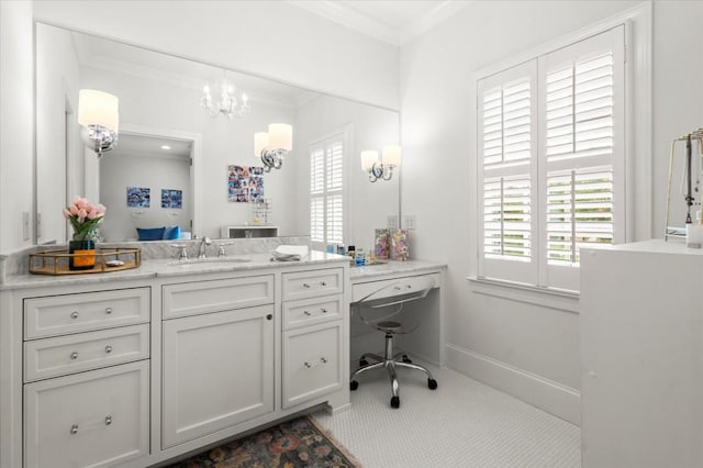 6440 Westchester Pl, Cumming, GA 30040 - bathroom featuring a chandelier, plenty of natural light, vanity, ornamental molding, and baseboards