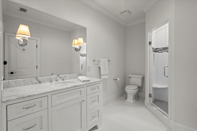 6440 Westchester Pl, Cumming, GA 30040 - bathroom featuring vanity, a shower stall, toilet, and crown molding
