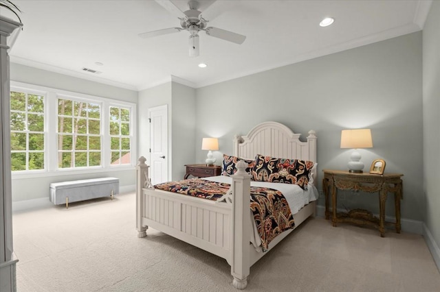 6440 Westchester Pl, Cumming, GA 30040 - bedroom with carpet flooring, crown molding, baseboards, recessed lighting, and ceiling fan