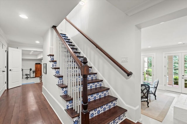 6440 Westchester Pl, Cumming, GA 30040 - stairway with recessed lighting, french doors, hardwood / wood-style floors, crown molding, and baseboards