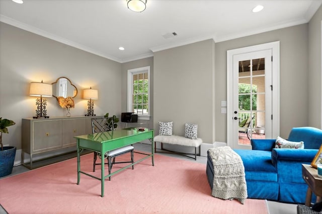 6440 Westchester Pl, Cumming, GA 30040 - rec room with recessed lighting, ornamental molding, an office area, and baseboards