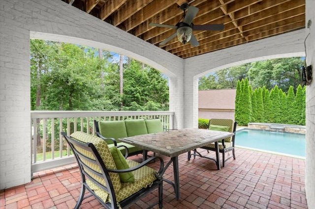 6440 Westchester Pl, Cumming, GA 30040 - view of patio featuring a ceiling fan, outdoor dining area, and an outdoor pool
