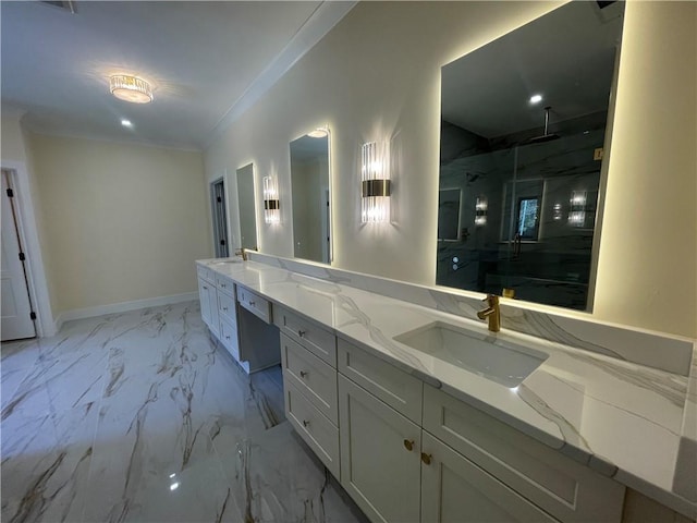 bathroom featuring vanity and a shower with door