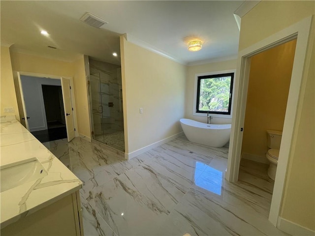 full bathroom with vanity, toilet, crown molding, and plus walk in shower