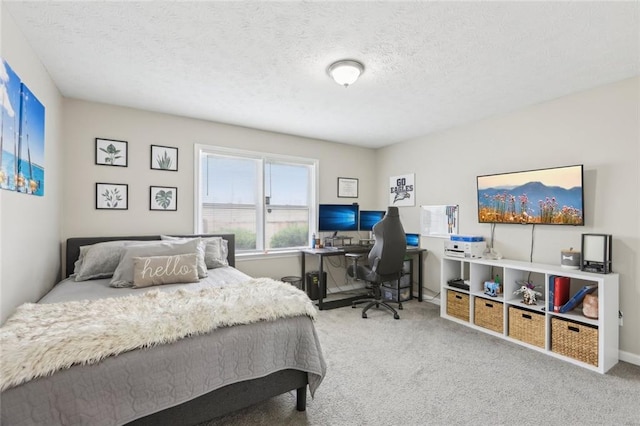 carpeted bedroom with a textured ceiling