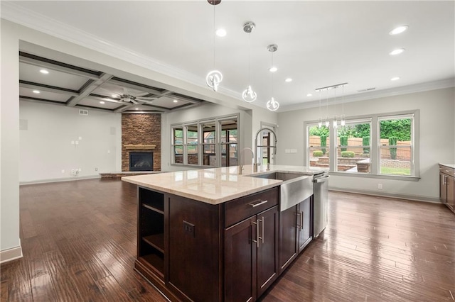 4015 Roberts Crest Ln, Suwanee, GA 30024 - kitchen with a sink, dark brown cabinets, ceiling fan, recessed lighting, and dark wood-style flooring