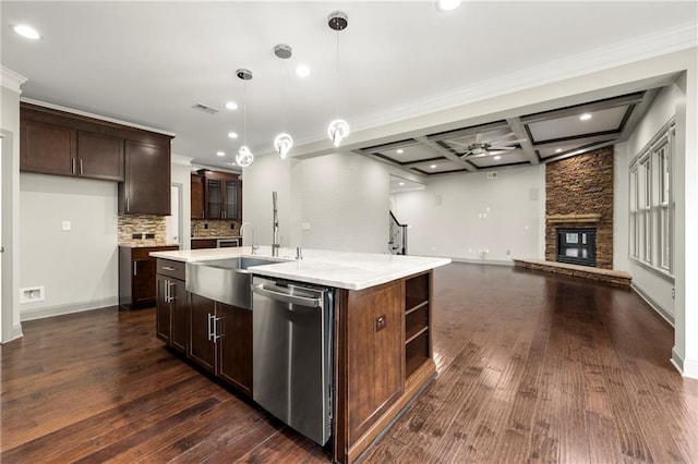 4015 Roberts Crest Ln, Suwanee, GA 30024 - kitchen with stainless steel dishwasher, recessed lighting, coffered ceiling, ceiling fan, and a sink