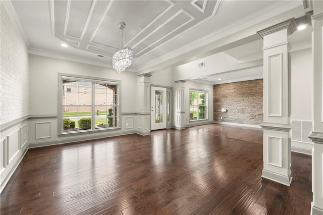 4015 Roberts Crest Ln, Suwanee, GA 30024 - unfurnished living room with decorative columns, brick wall, wood finished floors, a wainscoted wall, and a decorative wall