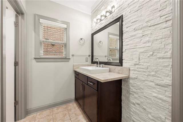 4015 Roberts Crest Ln, Suwanee, GA 30024 - bathroom featuring vanity, tile patterned floors, ornamental molding, and healthy amount of natural light