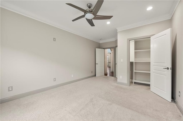 4015 Roberts Crest Ln, Suwanee, GA 30024 - unfurnished bedroom with light carpet, recessed lighting, baseboards, ornamental molding, and a closet
