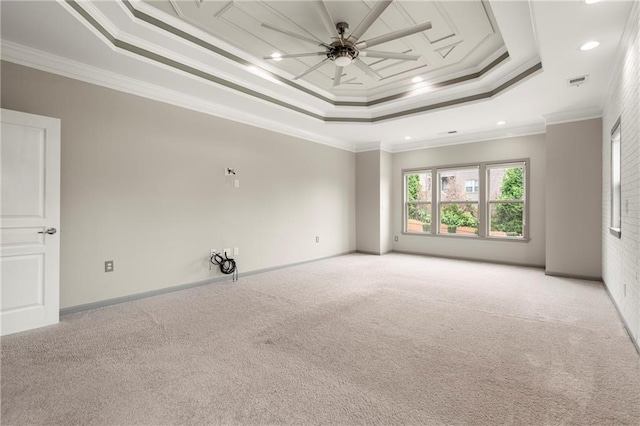 4015 Roberts Crest Ln, Suwanee, GA 30024 - spare room with a raised ceiling, ornamental molding, light colored carpet, recessed lighting, and ceiling fan
