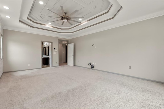 4015 Roberts Crest Ln, Suwanee, GA 30024 - empty room featuring a raised ceiling, ceiling fan, baseboards, light carpet, and recessed lighting