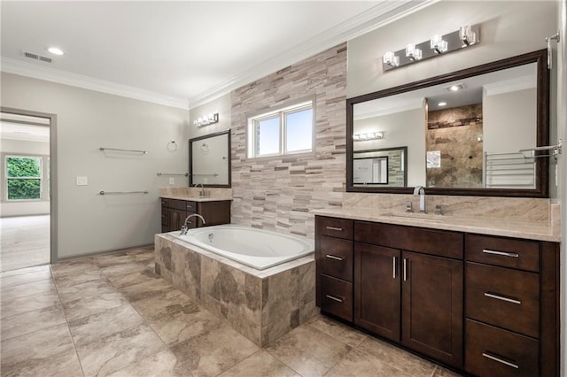 4015 Roberts Crest Ln, Suwanee, GA 30024 - full bath featuring ornamental molding, plenty of natural light, a tile shower, a bath, and two vanities