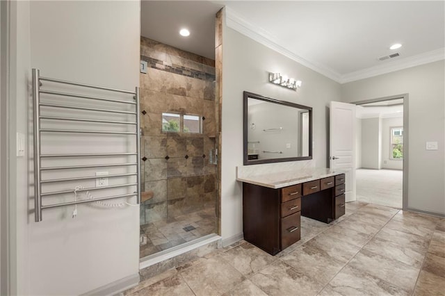 4015 Roberts Crest Ln, Suwanee, GA 30024 - full bath featuring ornamental molding, vanity, a stall shower, radiator heating unit, and baseboards