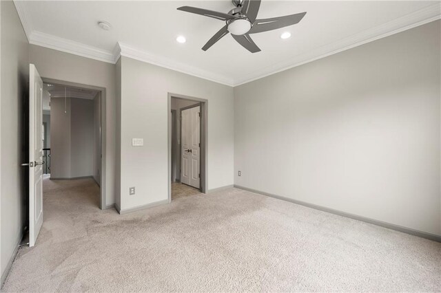 4015 Roberts Crest Ln, Suwanee, GA 30024 - unfurnished bedroom featuring light colored carpet, baseboards, crown molding, recessed lighting, and a ceiling fan