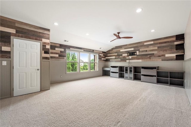 4015 Roberts Crest Ln, Suwanee, GA 30024 - unfurnished living room featuring ceiling fan, carpet floors, wood walls, lofted ceiling, and recessed lighting