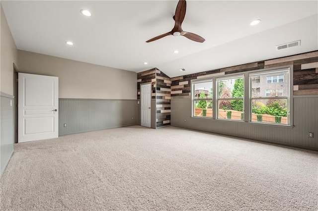 4015 Roberts Crest Ln, Suwanee, GA 30024 - empty room with a ceiling fan, carpet flooring, recessed lighting, a wainscoted wall, and vaulted ceiling