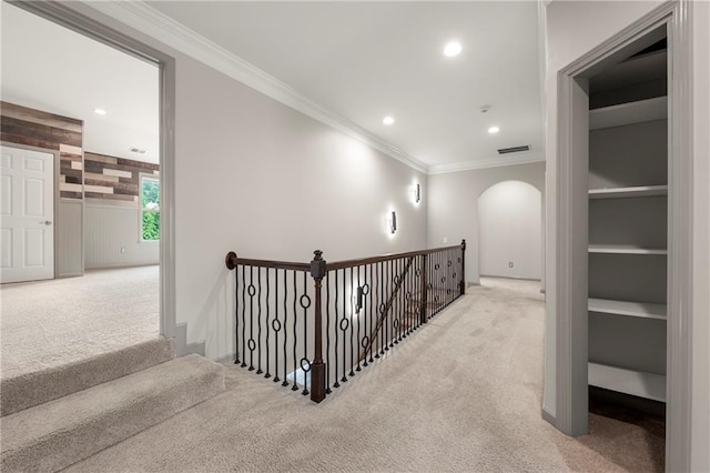 4015 Roberts Crest Ln, Suwanee, GA 30024 - hallway with carpet floors, crown molding, recessed lighting, arched walkways, and built in features