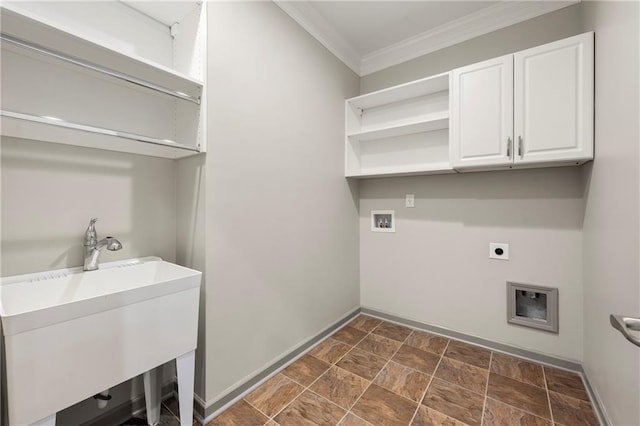 4015 Roberts Crest Ln, Suwanee, GA 30024 - washroom with cabinet space, baseboards, crown molding, stone finish floors, and washer hookup