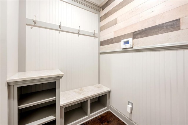 4015 Roberts Crest Ln, Suwanee, GA 30024 - mudroom featuring wood walls and dark wood finished floors