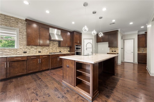 4015 Roberts Crest Ln, Suwanee, GA 30024 - kitchen with wall chimney range hood, ornamental molding, backsplash, open shelves, and appliances with stainless steel finishes