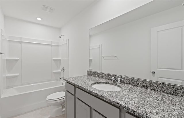 full bathroom with toilet, shower / bathing tub combination, and vanity