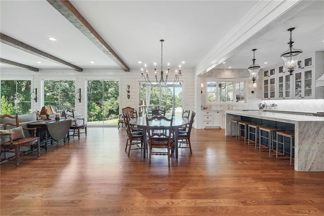 3842 Ernest W Barrett Pkwy SW, Marietta, GA 30064 - dining room with a chandelier, dark wood-style floors, beamed ceiling, plenty of natural light, and recessed lighting