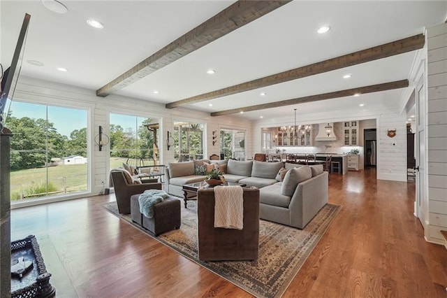 3842 Ernest W Barrett Pkwy SW, Marietta, GA 30064 - living area with beam ceiling, dark wood-style flooring, a chandelier, and recessed lighting