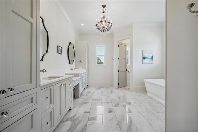 3842 Ernest W Barrett Pkwy SW, Marietta, GA 30064 - bathroom with ornamental molding, vanity, a chandelier, a freestanding bath, and a walk in shower