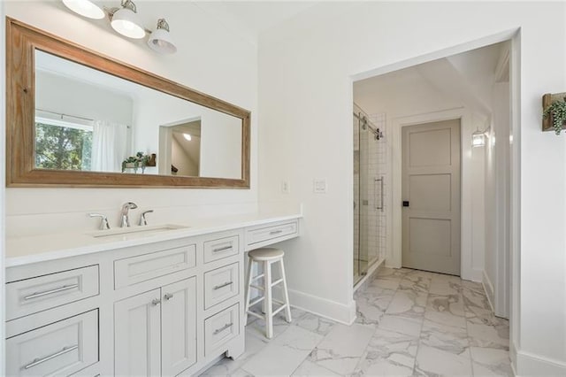 3842 Ernest W Barrett Pkwy SW, Marietta, GA 30064 - bathroom with baseboards, marble look tiles, vanity, and a shower stall