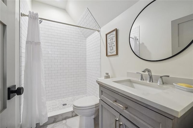 3842 Ernest W Barrett Pkwy SW, Marietta, GA 30064 - full bathroom with marble look tile flooring, vanity, toilet, and a stall shower
