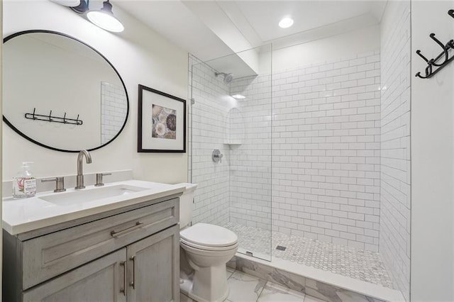 3842 Ernest W Barrett Pkwy SW, Marietta, GA 30064 - full bathroom featuring marble look tile flooring, tiled shower, vanity, and toilet